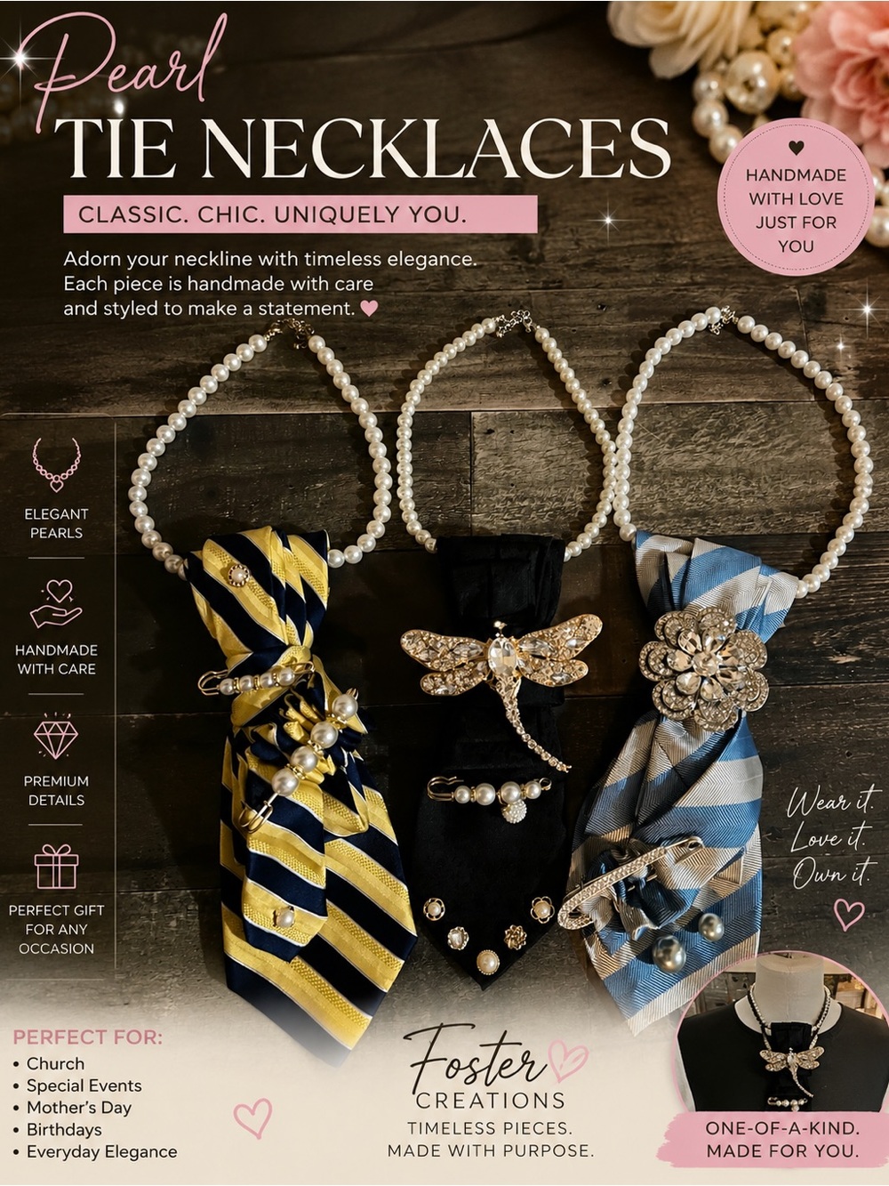 Pearl Tie Necklace - White Pearls with Blue/Yellow/Black Accents